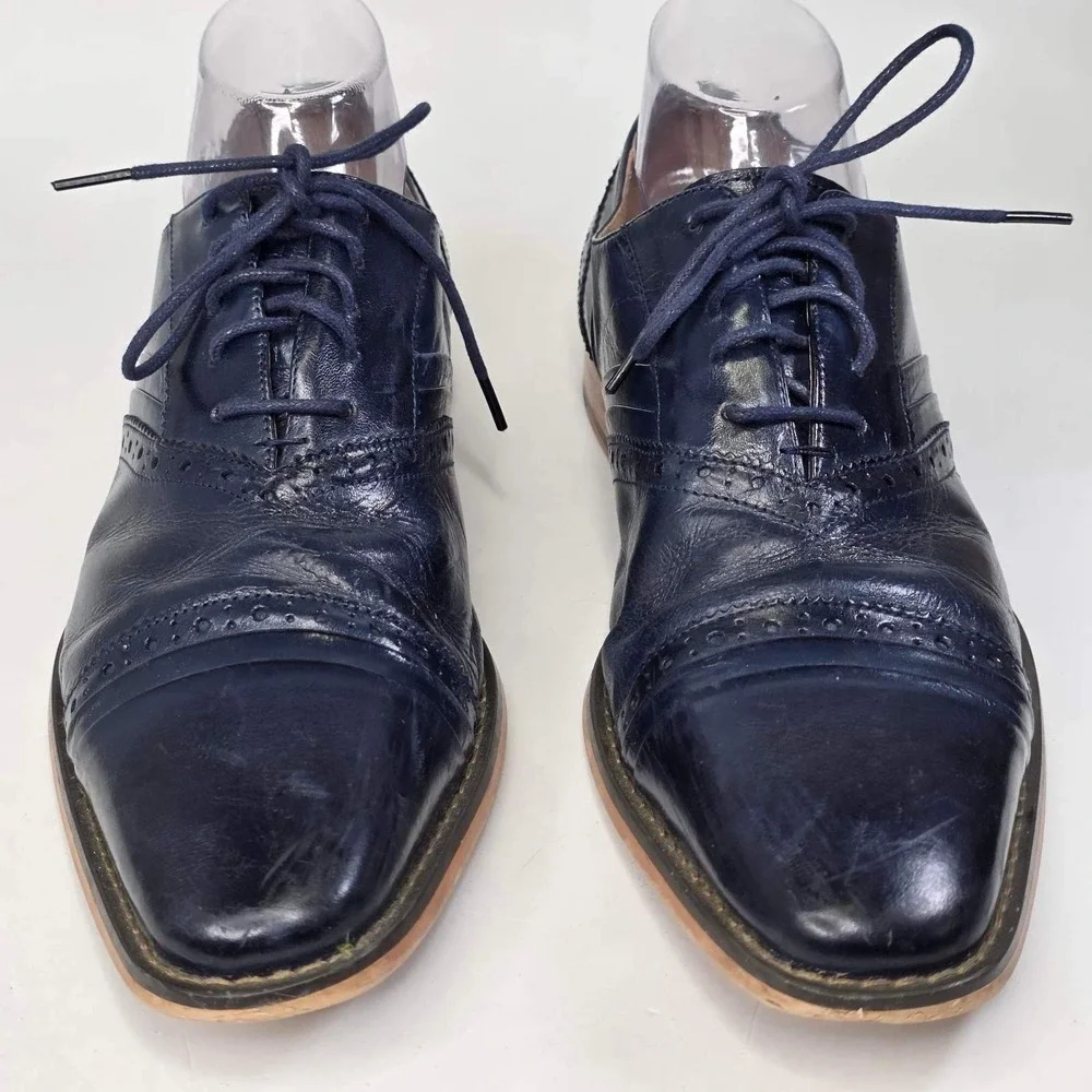 Stacy Adams Shoes Men's Size 10.5 Navy Blue Leather Cap Toe Brogue Oxford Casual
